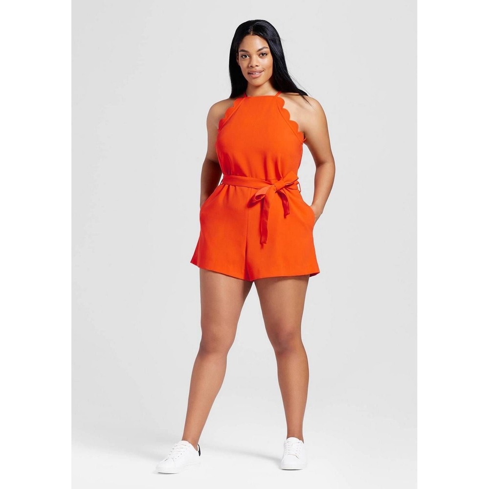 Victoria Beckham for Target Halter Shorts Romper MEDIUM Scalloped Trim - Orange